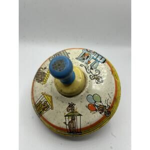 Vintage 1960's Ohio Art Metal Spinning Top Tin Toy Wood Handle CIRCUS
